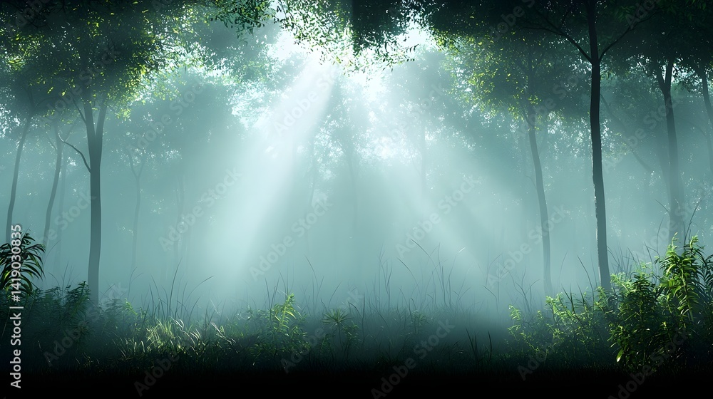 Poster mystical misty forest landscape with soft sunlight filtering through the lush foliage and hazy atmos