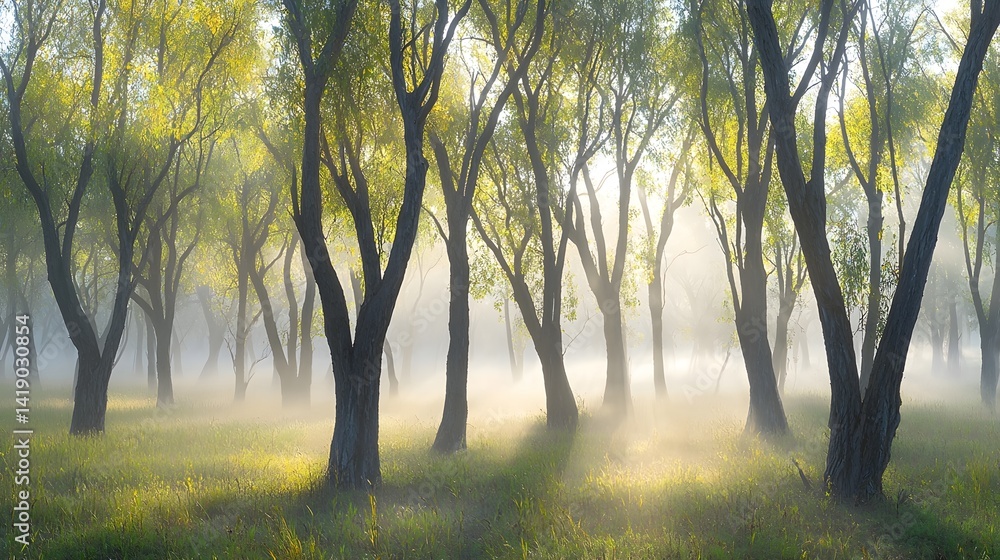 Poster misty enchanted forest with soft sunlight beams filtering through the lush canopy of trees creating 