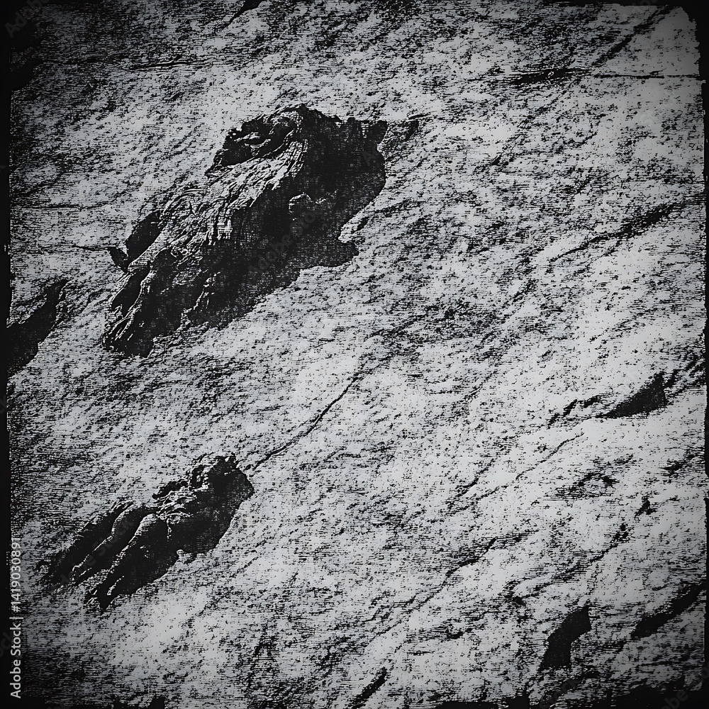 Poster abstract grayscale image featuring a textured surface with dark, irregular shapes resembling rocks o