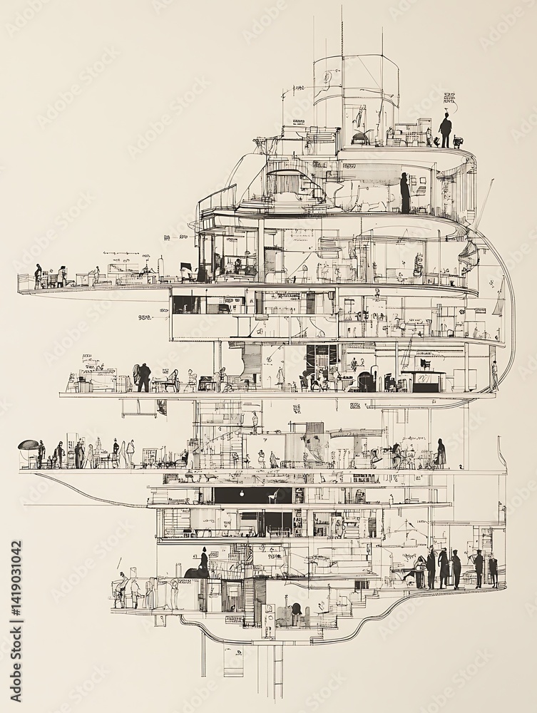 Poster abstract architectural drawing in monochrome depicting a complex, layered structure. the style is re