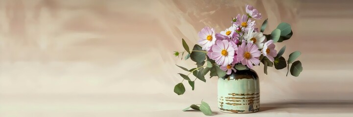 Wabi-sabi vase with cosmos and eucalyptus bouquet spilling over on blush background – Perfect for organic styling, interior design, or aesthetic floral arrangements.