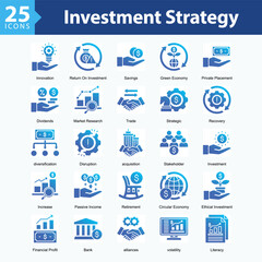Investment Strategy is a collection of icons in sheet format illustrating modern investment strategies, financial growth, and sustainable economic approaches.