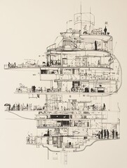 Abstract architectural drawing in monochrome depicting a complex, layered structure. The style is reminiscent of a blueprint or technical drawing, featuring intricate details and overlapping lines