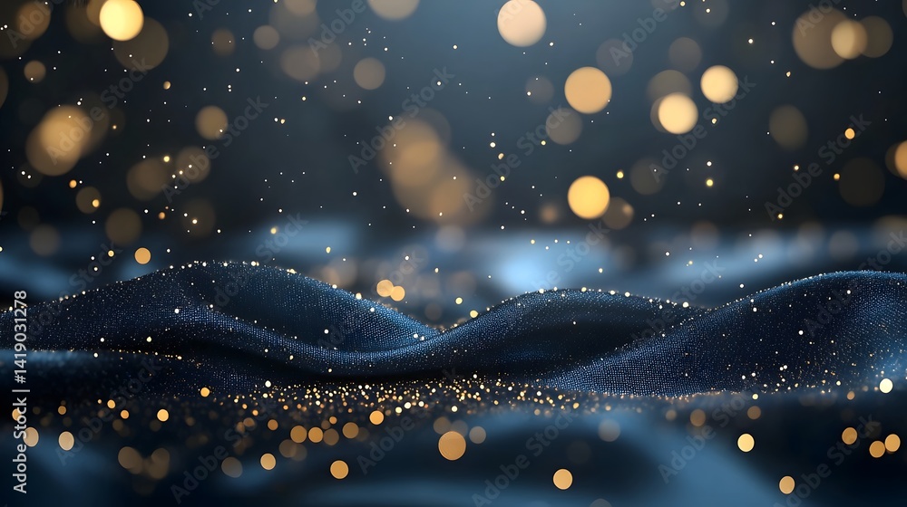 Poster mesmerizing golden sparkles scattered across a deep luxurious blue satin texture creating an elegant