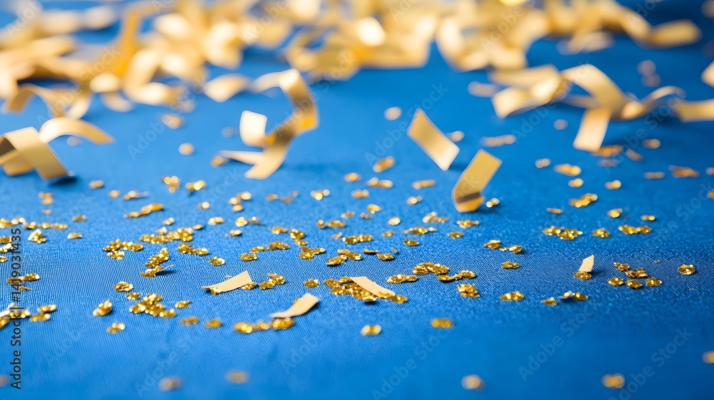 Poster shimmering golden sparkles and glitter scattered across a deep rich blue satin textured background c