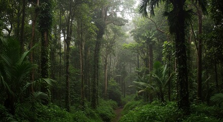 Fototapeta premium Lush Green Rainforest Path With Misty Sunlight
