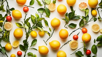Citrus fruits with leaves, and flat lay.
