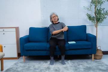 Elderly asian retired woman experiencing wrist pain while sitting on a blue sofa in her living...