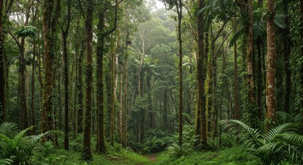 Obraz premium Lush Green Rainforest with Sunlight Dappled Path