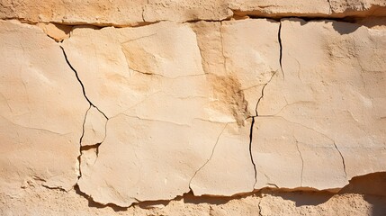 Detailed close up of an aged and weathered stone wall with natural cracks textural patterns and soft shadows across the rugged surface
