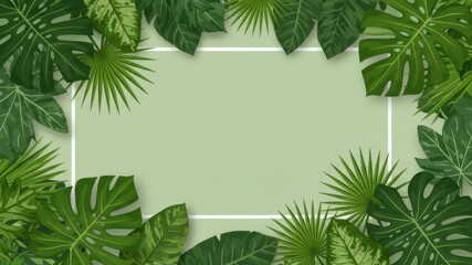Lush Green Tropical Leaves Frame on Pastel Background
