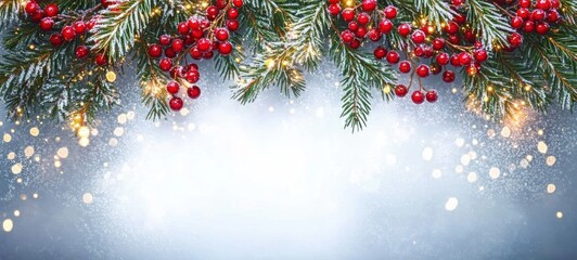 Christmas garland with red berries and green pine branches on frosty icy background with golden fairy lights minimalistic symmetrical composition soft focus bokeh lighting