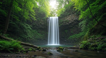 Lush Green Tropical Waterfall in Forest