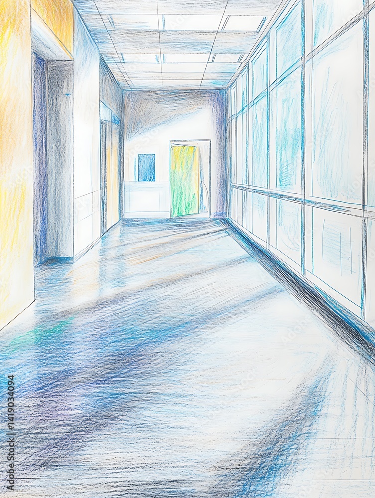 Poster sketch of a long hallway with colorful walls and a door at the end, light streaming in from windows,