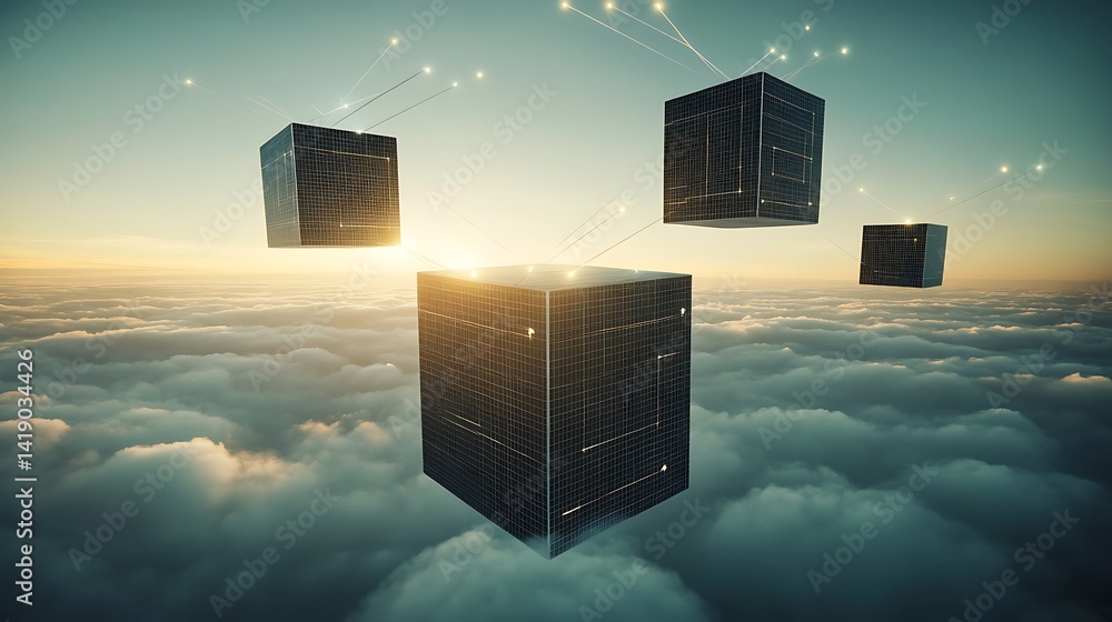 Poster dark, cubic structures float above a sea of clouds at sunset. particles of light emanate from the cu