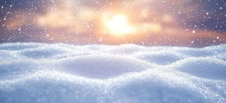 Serene winter snow landscape with snowdrifts and falling snowflakes under blue sky with soft light and bokeh effect in banner format with space for text