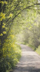 Fototapeta premium Sunlit path, spring flowers, leafy trees, peaceful nature scene, ideal for travel/nature blogs
