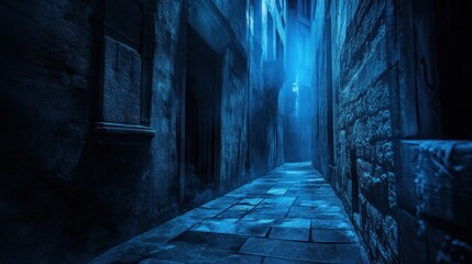 Mysterious Blue Night Alley: A Dark and Enigmatic European Street at Night