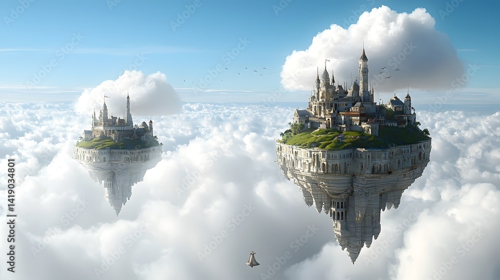 Poster breathtaking view of mystical floating islands suspended in a serene ethereal sky above a surreal fa