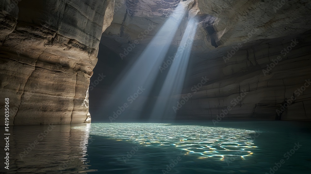 Poster breathtaking underwater scene with dazzling light beams shimmering and refracting through the crysta