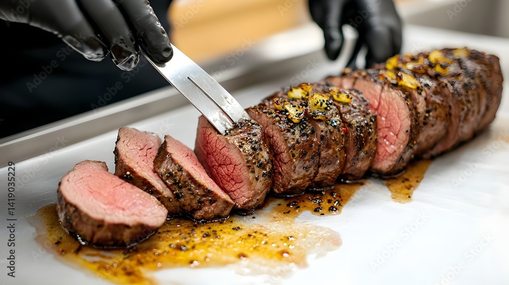 Poster beef undergoing precision slicing at a state of the art processing plant capturing the efficient and