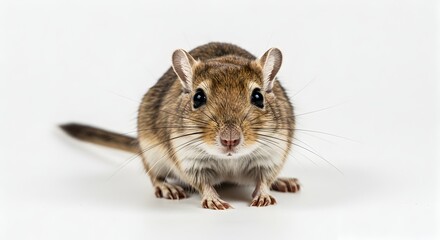 Curious gerbil gazing intently at the camera against a plain backdrop