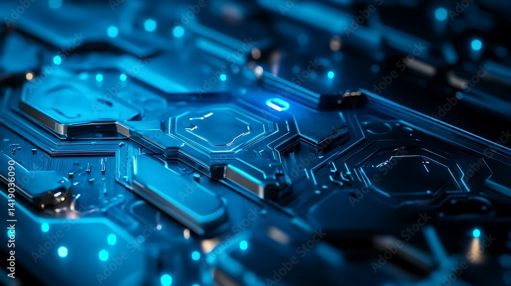 Poster abstract close up of a futuristic circuit board with glowing blue lights, showcasing intricate metal