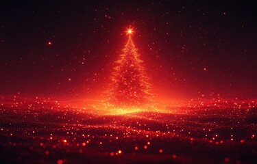 Naklejka premium Glowing Christmas tree with sparkling lights on red and black starry background festive magical winter celebration