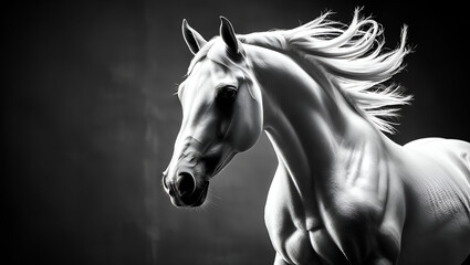 Elegant white horse captured in a dramatic monochrome portrait, emphasizing fine details and textures