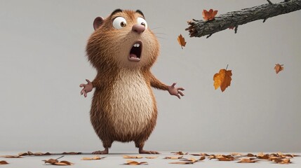 Animated rodent surprised by falling branch in autumnal scene