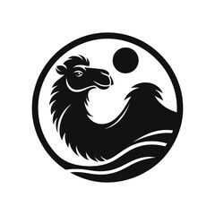 Camel Silhouette in Circle with Sun and Desert Waves Symbol
