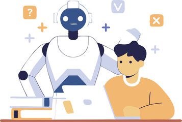 Flat Isometric Vector of Robot Assisting Student with Math Homework in a Digital Space

