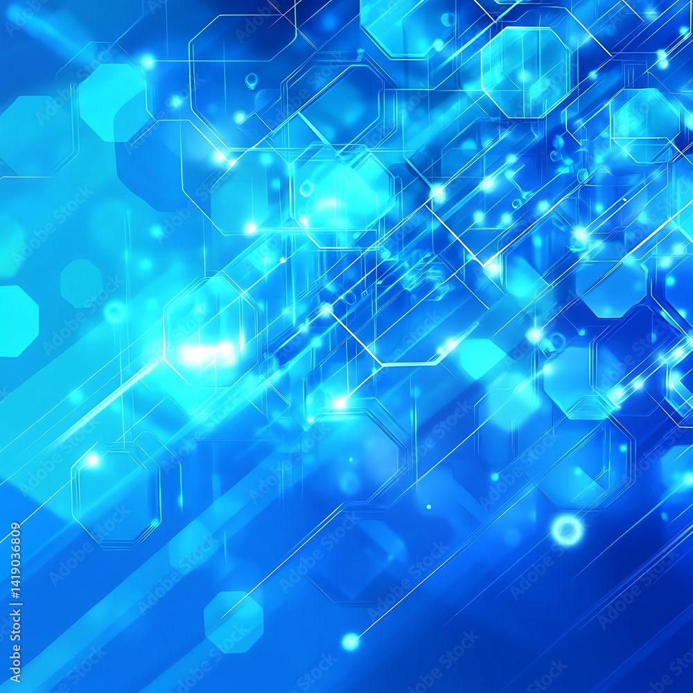 Poster abstract background with glowing blue hexagons and diagonal lines. bright, vibrant, and dynamic digi