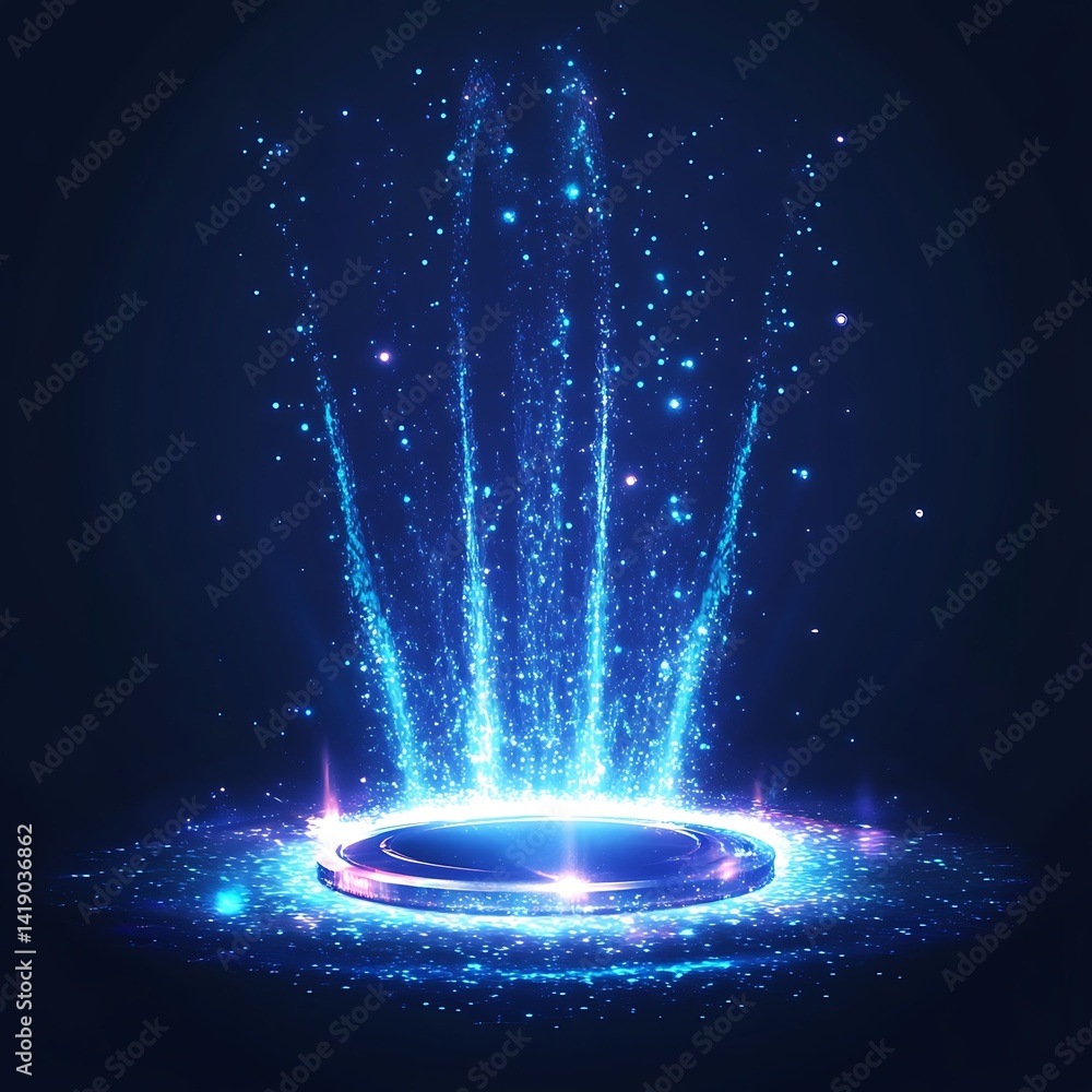 Poster abstract background with glowing blue particles and light rays emanating from a circular platform. t