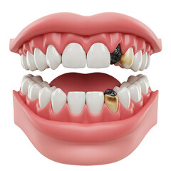 Obraz premium Realistic 3D illustration of human mouth anatomy showing tooth decay and cavity problems, isolated on transparent background. Ideal for dental, medical, and health education content