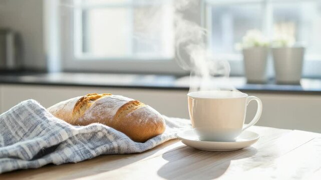 Freshly baked bread and steaming coffee in sunlit kitchen interior