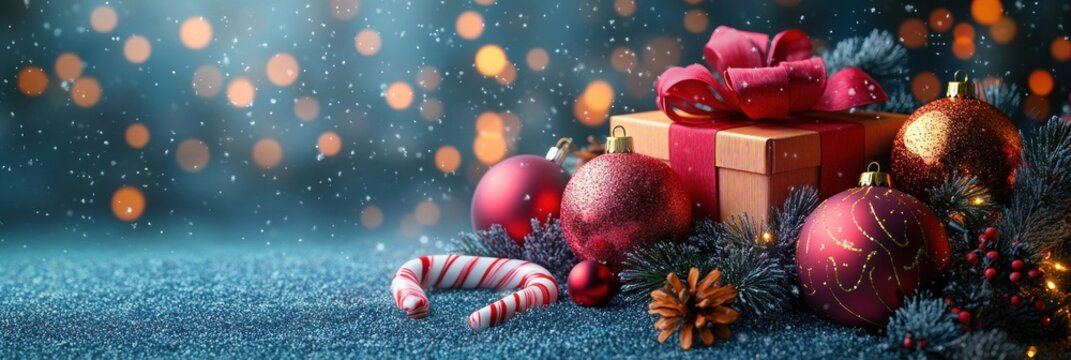 Christmas ornaments gift box candy canes snowflakes fir tree twigs festive holiday decoration blue background vibrant colorful - Powered by Adobe