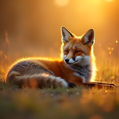 Fototapeta premium A fox laying in golden light, peaceful expression