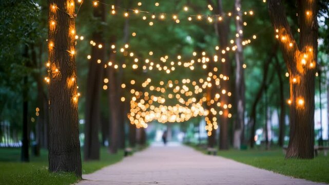Evening park with string lights on treelined path