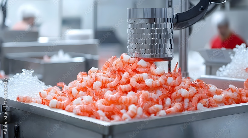Poster detailed view of the process of preparing shrimp for frozen export including deveining cleaning and 