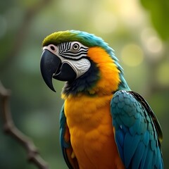 Obraz premium A parrot talking with head tilted, jungle light behind