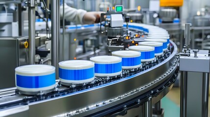 Fresh and creamy yogurt being carefully packaged in a sterile hygienic manufacturing environment for dairy products  The production process ensures food safety nutrition