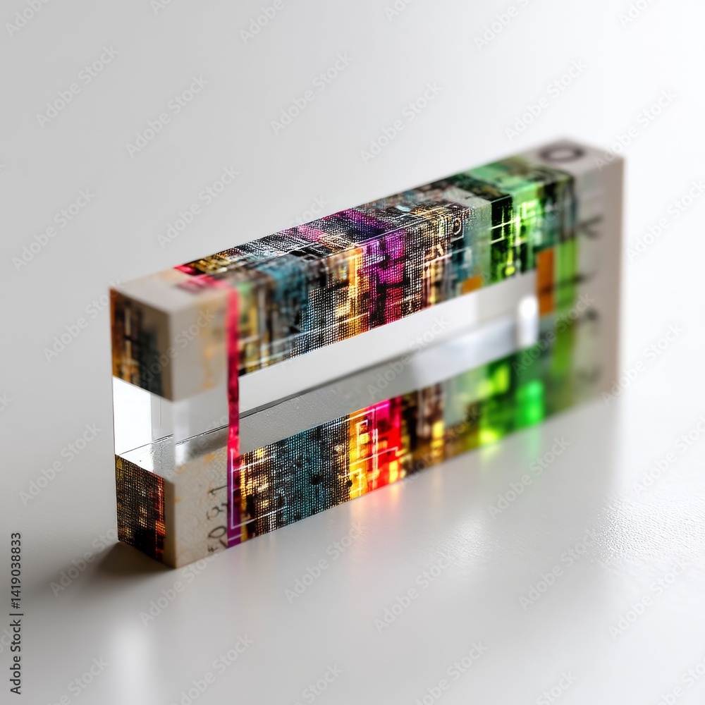 Poster abstract geometric block with intricate colorful patterns and clear glass section on white surface: 