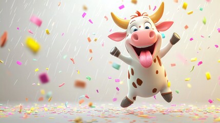 Fototapeta premium Happy cartoon cow jumps in confetti rain