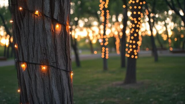Glowing string lights on tree in park at dusk