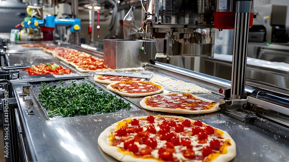 Poster streamlined frozen pizza manufacturing with a highly efficient production line and precise applicati