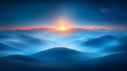 Serene sunrise over a misty mountain range. Warm toned sun rising above a cool toned, hazy landscape. Dark blue sky with subtle hints of pink and orange near the horizon. Layers of mountains shrouded