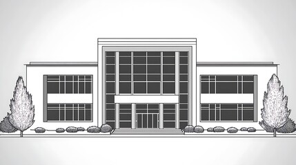 Sketch of a modern building, featuring a contemporary design with large windows, a central entrance, and landscaping. The drawing is in grayscale, creating a clean and simple aesthetic. 