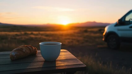 Sunrise breakfast in nature with coffee and croissant, road trip vibes