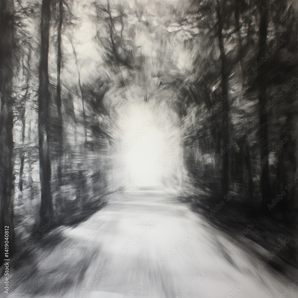 Aufkleber monochromatic charcoal drawing depicting a path leading through a dense forest towards a bright, lig